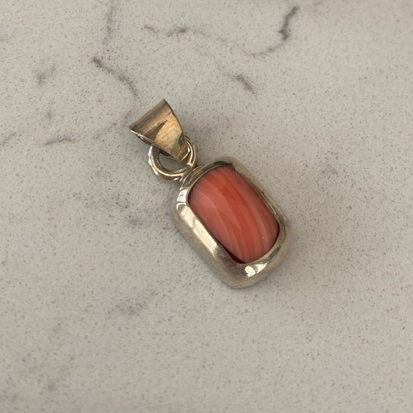 .925 Sterling Silver Post Earrings and Pendant with Coral - Picture 3 of 5